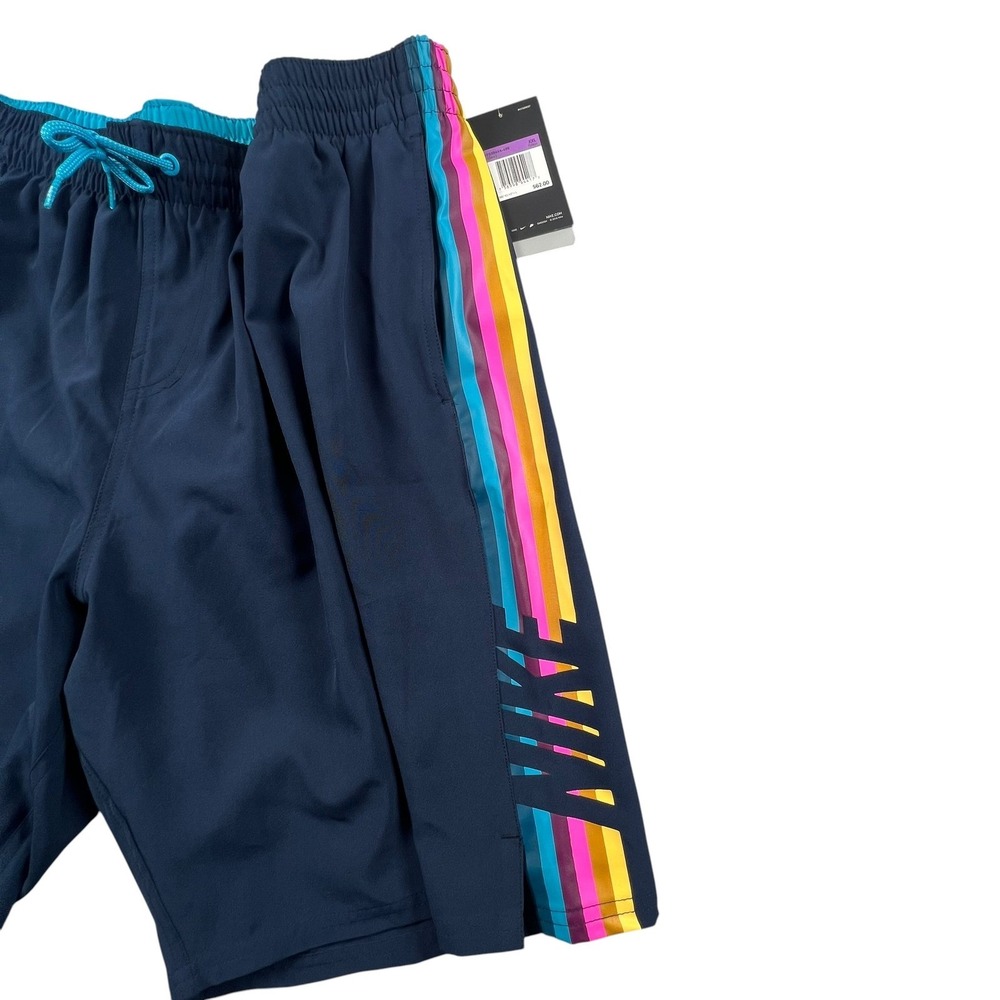Nike Swim Trunks Mens XXL Navy Blue Rainbow Stripe Logo 80's Stranger Things